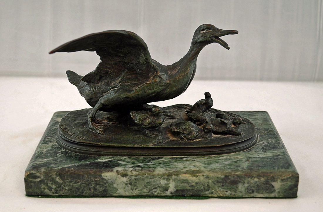 Pierre-Jules Mene ,Bronze Duck and Her Ducklings: Pierre - Jules Mene, (1810 - 1879), Bronze Sculpture Signed P.J. Mene, "A Duck and Her Ducklings" Un Canard Avec Ses Canetons. Dark Green patina on dark green marble base. Sculpture measures 3.63" H. 