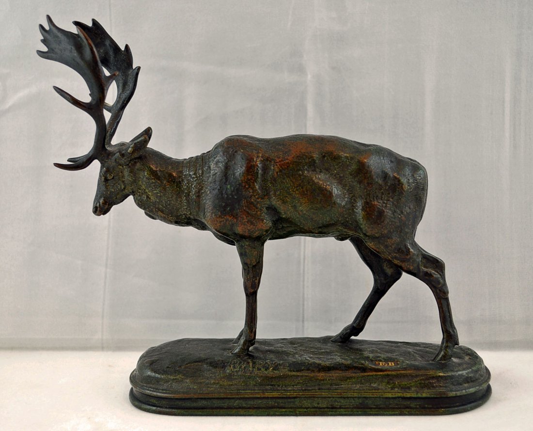 Antoine Louis Barye, Bronze Daim, Gold F.B. Stamp: Antoine Louis Barye, (French 1795-1875) Bronze Daim "Standing Stag", signed BARYE, foundry marks Gold F.B. Stamp and signed F. Barbedienne. Dark green patina. Measures 6.5" H. X 7.25" L., oval base me