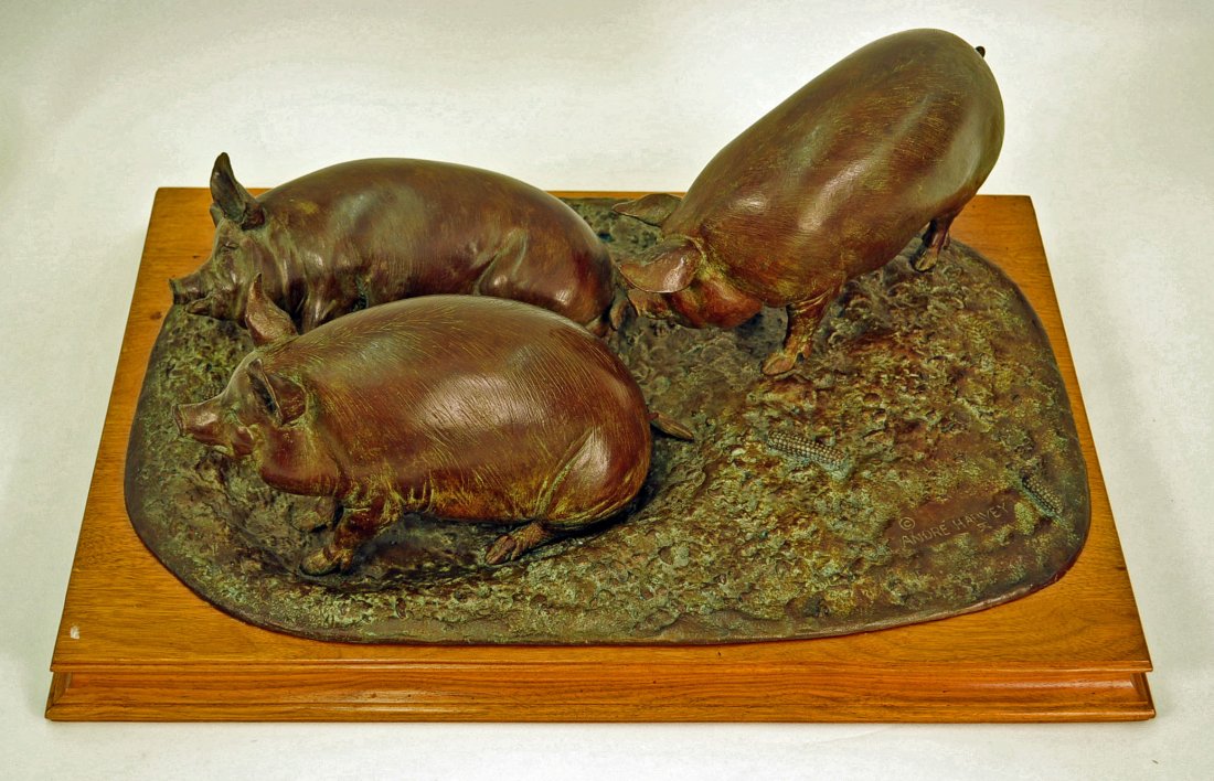 André Harvey ( B. 1941), "Pigs" Bronze Sculpture: André Harvey ( B. 1941), "Pigs" Cast bronze on custom wooden stand, the sculpture depicts a trio of sows rolling in a mud hole, signed "André Harvey," marked on base with title, number 25/40, and 19