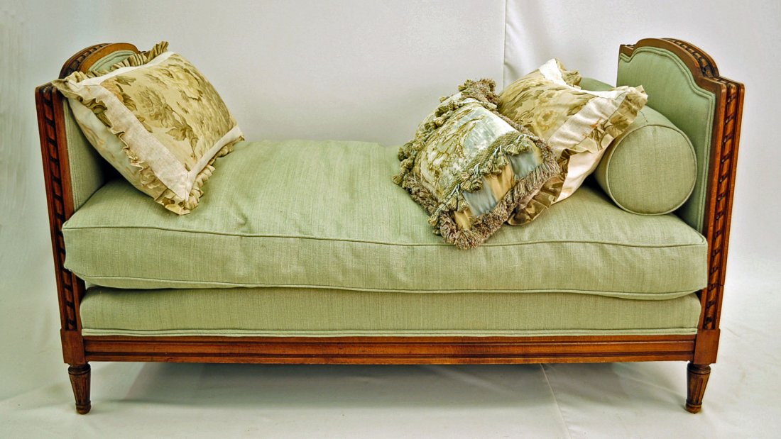 French Louis XVI Style Newly Upholstered Daybed: French Louis XVI Style Newly Upholstered Daybed. Label under cushion Southern Upholstery, Memphis, Tennessee. Comes with removable mattress cushion and circular bolster pillow, covered in a light gree