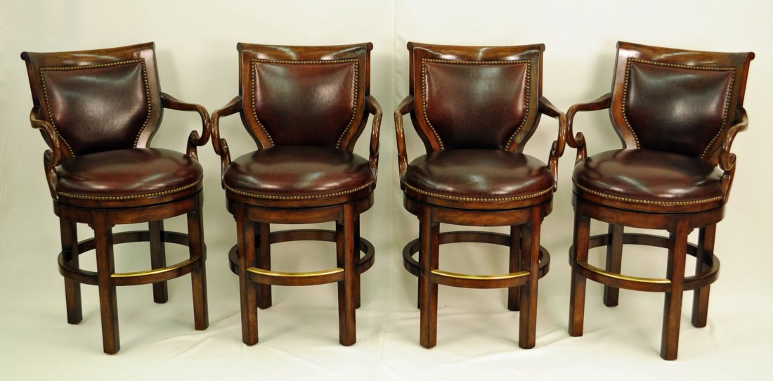 Set of Four Paddington Swivel Counter Arm Stools: Set of four Woodbridge Furniture Company Model # 7051-03, Paddington swivel counter arm stools, Santa Fe Finish / Cocoa Leather / Nail Head Trim. Birch Solids. Measure 38"H. 23" W. x 24"D. Seat Height