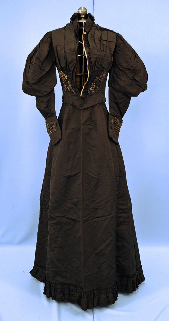 Black Edwardian Skirt & Jacket with Glass Beads: Antique black Edwardian skirt and jacket with glass bead trim on jacket and cuffs. Jacket has yellow/orange ribbon front jacket trim.
