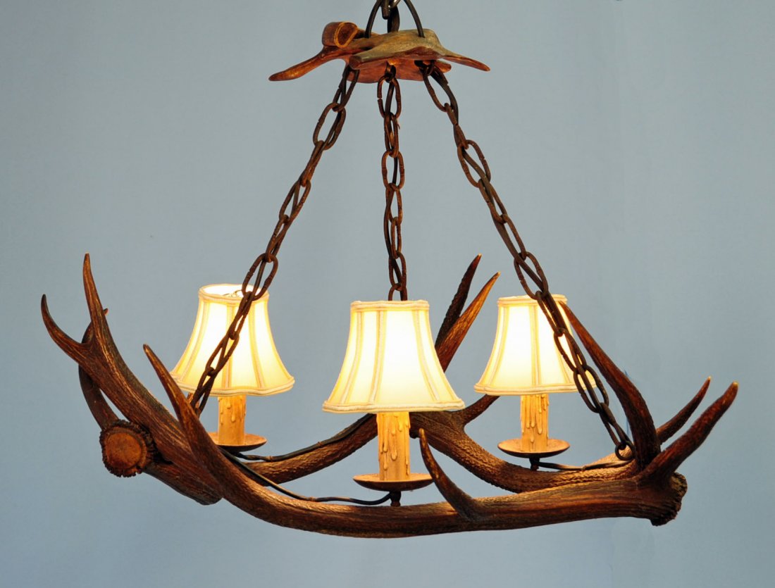 Antique German Stag Antler Chandelier, 1930's: Antique German antler three light chandelier, Black Forest, Stag 1930's. Dimensions - 27" X 19" H.