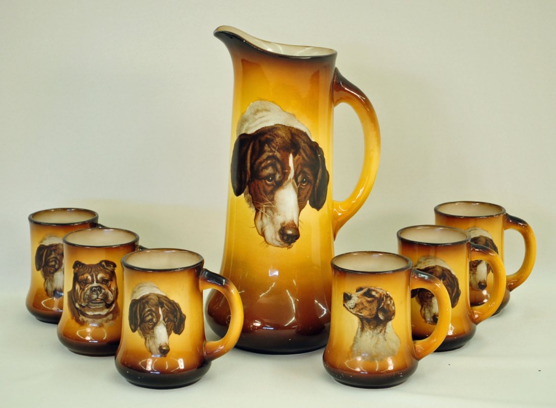 Victorian China Dog Decorated Tankard and Mugs: Victorian china dog decorated tankard pitcher and six mugs marked S.T. , Smith & Taylor Company of East Liverpool, Ohio. 1908 - 1915. Pitcher measures 13.5" H. and mugs 5" H.