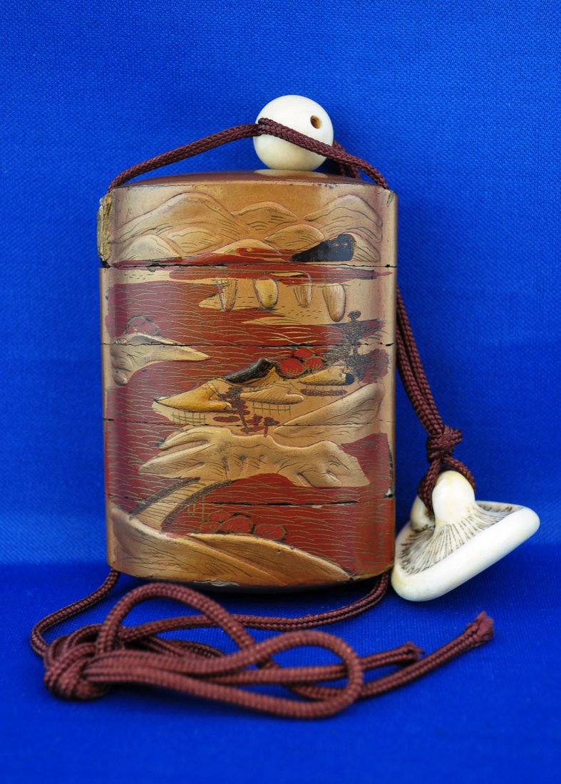 Nice lacquered Inro with Ivory Mushroom Netsuke: Late 19th century antique lacquer Inro with ivory mushroom netsuke. Hand painted antique gold lacquer four-case Inro; with scene of village in a landscape with mountains and a river on both sides. Inr