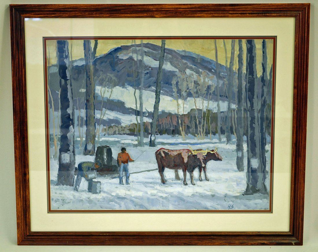 H.S., Vermont Maple Syrup Scene, Gouache on Paper: H.S., Vermont Maple Syrup Scene, Gouache on paper in modern frame. Unknown artist, painting signed lower right H.S.. Dimensions - 20" X 25" frame 27.5" X 33"