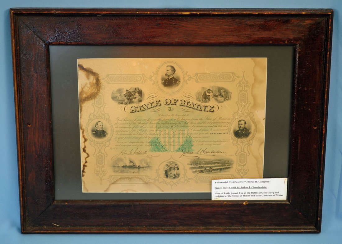 Maine Certificate for Civil War Service 1868: Maine Certificate for Civil War Service signed by Civil War hero Joshua L. Chamberlain, Governor of Maine and "Metal of Honor" winner 1868 and presented to Charles H. Campbell. Dimensions - 13" X 16".