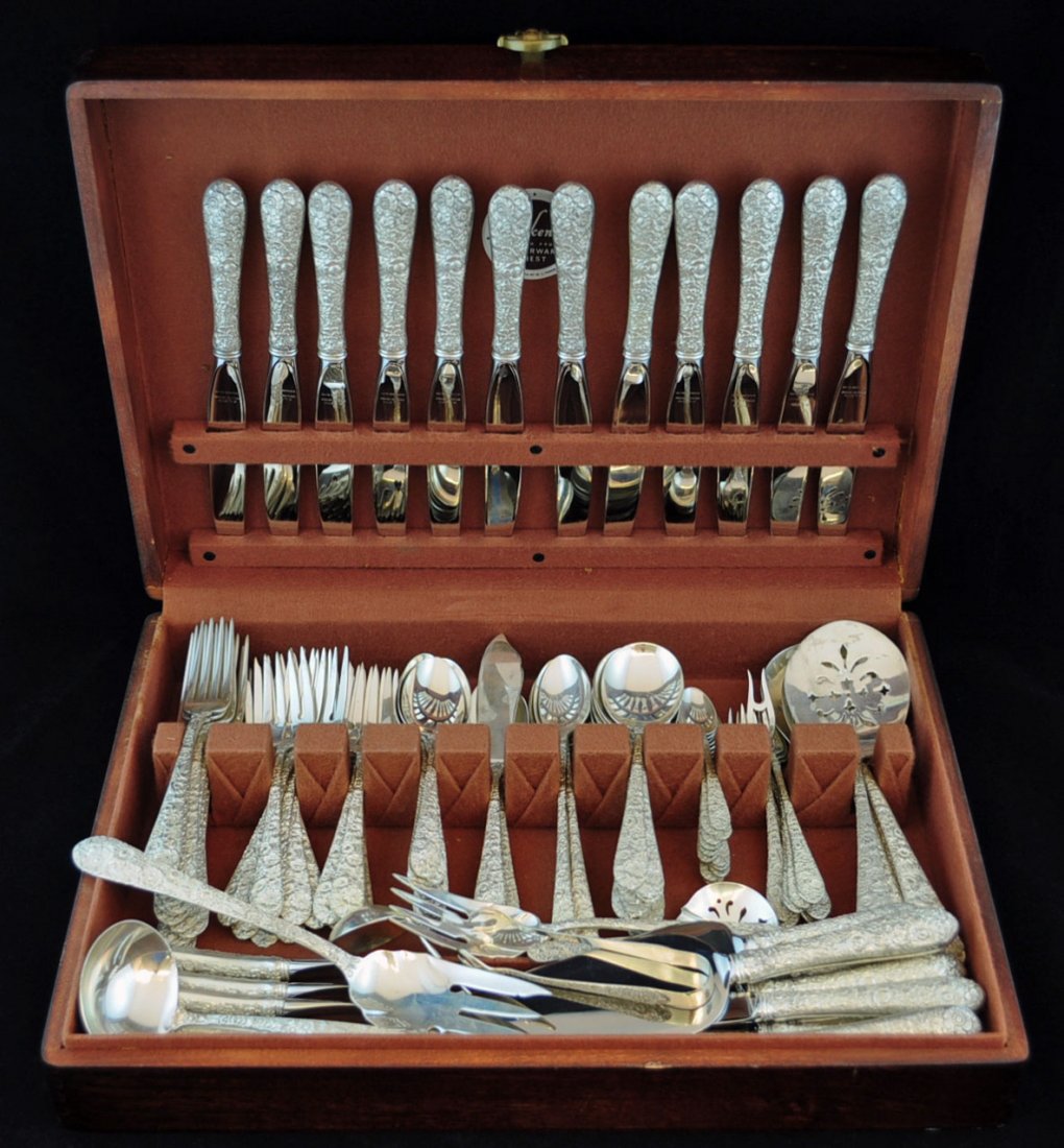 Alvin Bridal Bouquet Sterling Silver Flatware Set: Alvin "Bridal Bouquet" sterling silver flatware set with 120 pieces and felt lined silver chest. Patented in 1932. Set includes - 12 dinner knives; 12 short butter spreader knives; 12 Demitasse Spoons