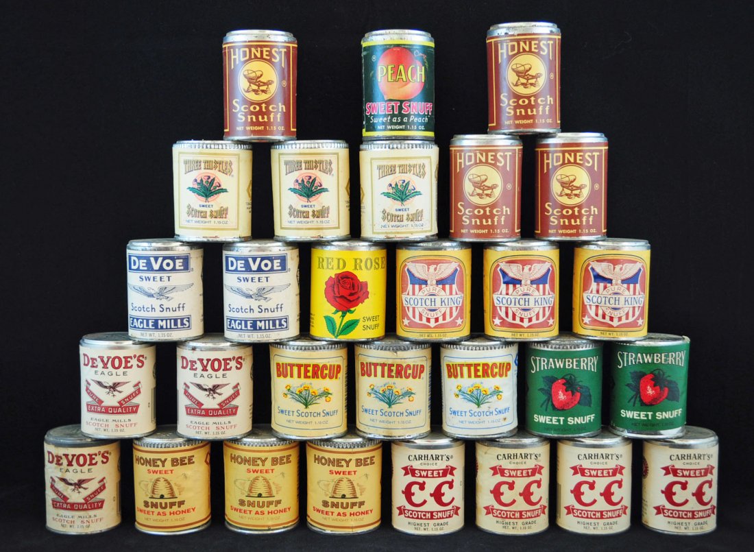 29 Vintage1.15oz Paper Labeled Snuff Cans, DeVoe