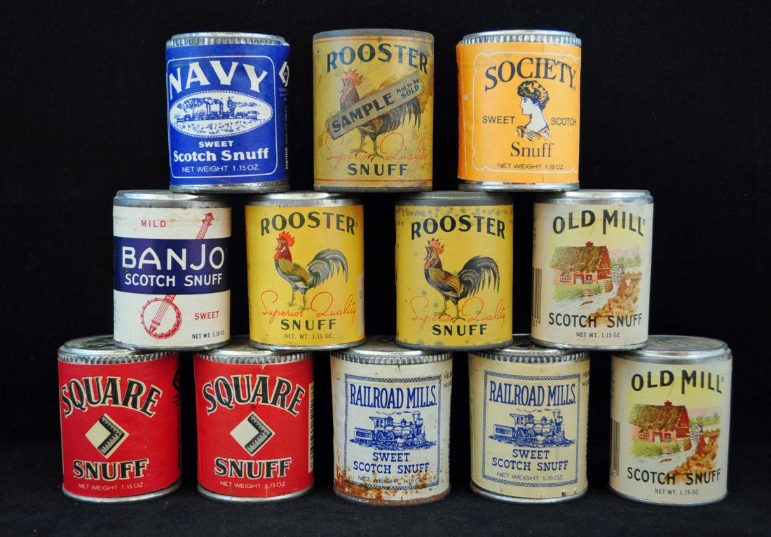 12 Vintage NOS Snuff Cans, Society & Rooster