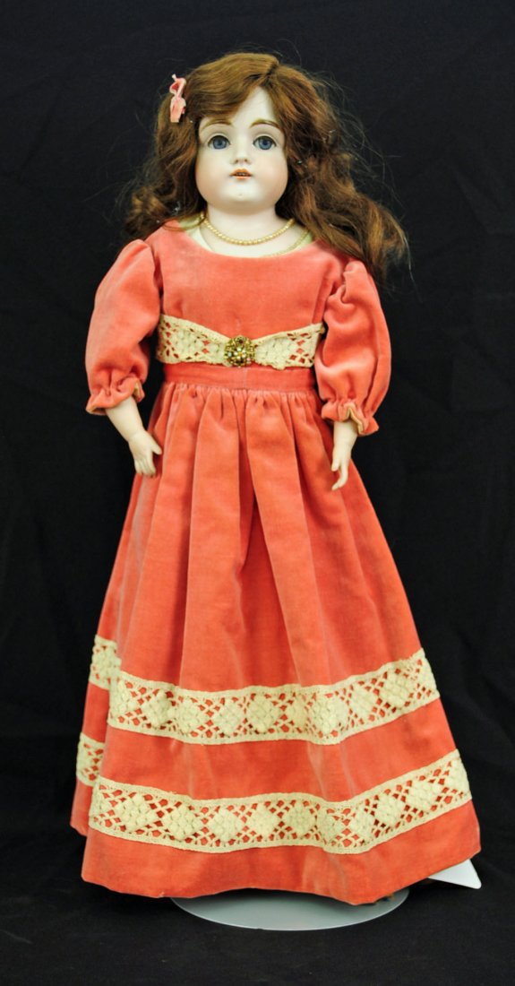 Kestner 24" Bisque Doll - Head and Shoulder: Kestner 24" Bisque Doll - Head and Shoulder Dep 15 1/2 Open mouth, sleep eyes, leather body, rose velvet dress trimmed in crochet with antique leather boots. Condition - No visible damage to doll. Boo