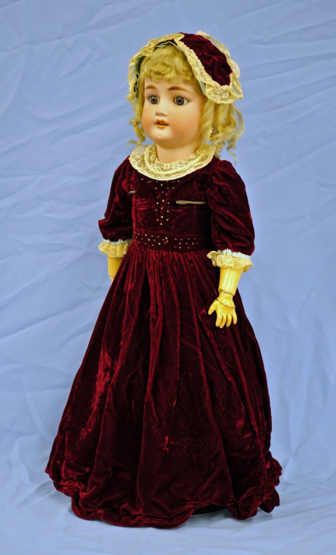 25" Simon & Halbig/C. M. Bergman Bisque Head Doll: 25" German Bisque Socket Head C. M. Bergman/Simon & Halbig Doll. Incised, "C. M. Bergman, Simon & Halbig, 12." Doll has open mouth, sleep eyes, ball jointed composition body, and wears a wine velvet d