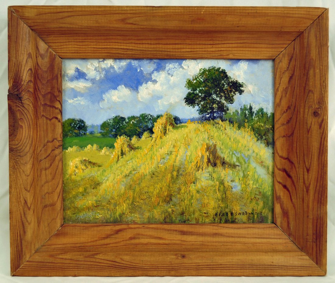 Fred Swedlum 1877-1959 "Ozark Wheat Field" O/B: Frederick E. Swedlum 1877-1959, pseudonym (Ernest T. Fredericks) . Oil on board landscape "Ozark Wheat Field", signed Fred Swedlum 11" X 14" . Note on verso by Fred`s son, considered by his father to 