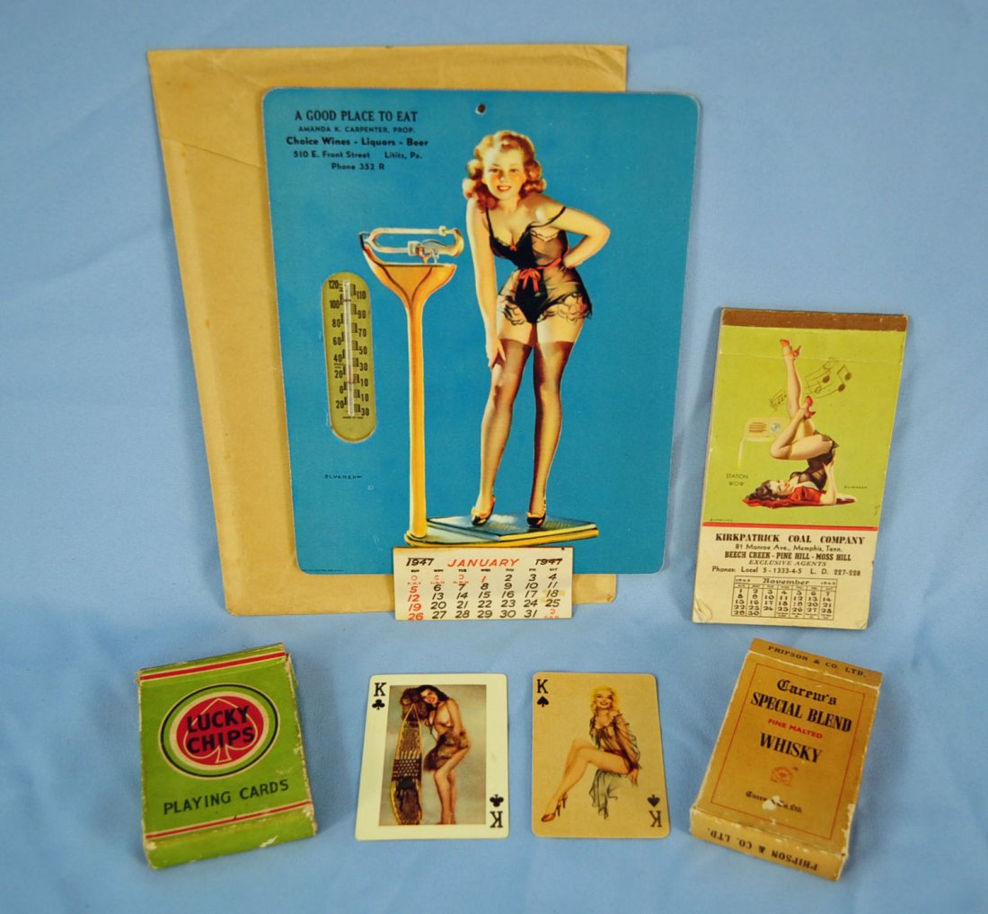 Two Elvgren Pin Up Girl Calendars & Playing Cards: Two Elvgren Pin Up Girl Calendars 1942 and 1947 . 1942 calendar is 3 3/8" X 6", could be sample only has November calender . 1947 Calendar- thermometer is 7' X 10" and has the full calendar pad. 2 Par