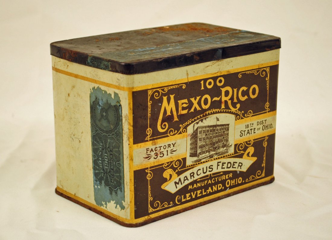 Rare Mexo-Rico Cigar Tin Box: Rare Mexo-Rico Cigar Tin Box. Box held 100 cigars. Marked, "Factory 351. 18th Dist, Stat of Ohio. Marcus Feder. Manufacturer, Cleveland, Ohio." Measures 6.25" wide X 4.75" high X 4.12" deep.