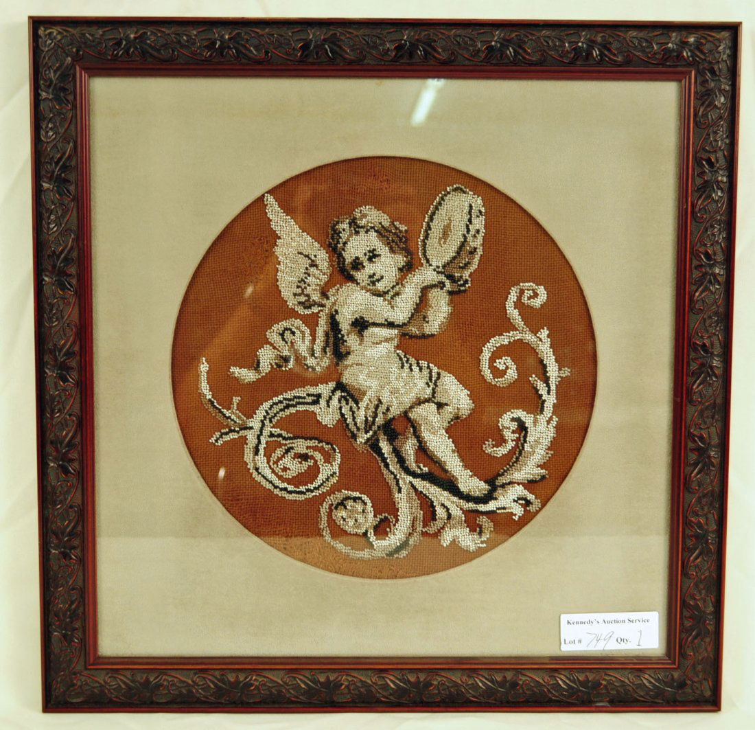 Antique Framed Beaded Needlepoint of Cupid: Framed Beaded Needlepoint of Cupid 11" diameter.