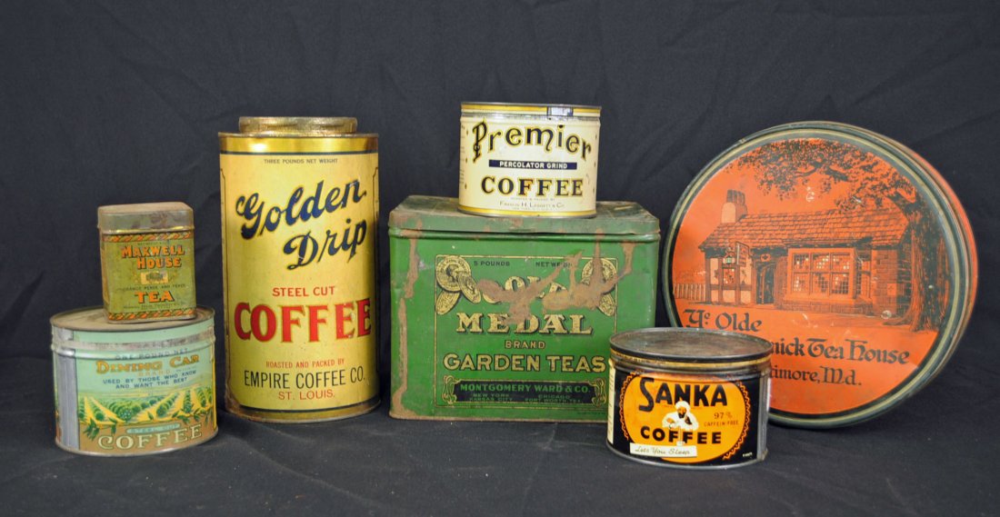 7 Vintage Coffee & Tea Tins, Including Dining Car: Box w/ 7 Vintage Coffee & Tea Tins. Includes- Golden Drip Coffee tin container, 3 lbs; Gold Medal Garden Tea tin container, 5 lbs.; ; Dining Car Coffee tin container, 1 lbs; Maxwell House Tea tin cont