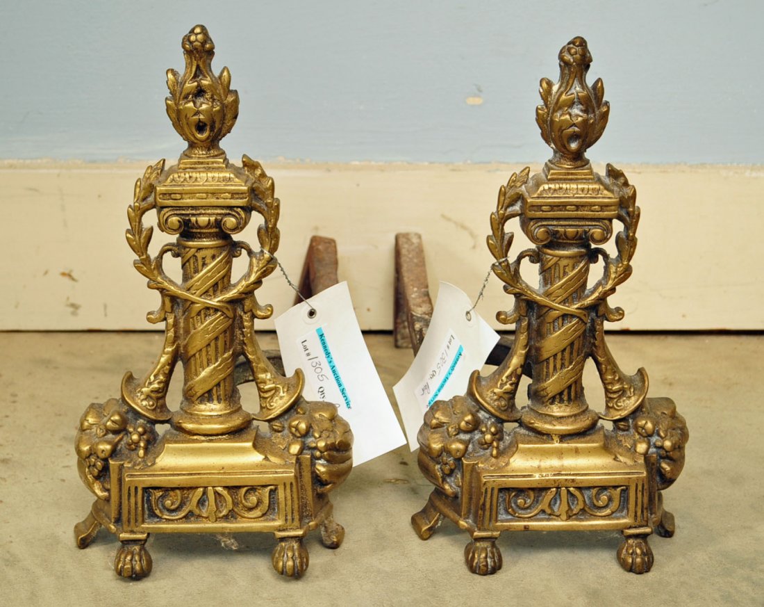 Pair Antique Circa 1890 Louis XVI Style Andirons: Pair of Antique Circa 1890 Louis XVI Style Andirons. 14" H. X 7" W. X 15.5" D.
