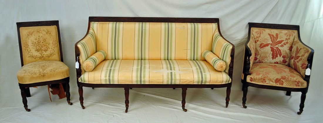 Three Piece Parlor Suite Attributed To Duncan Phyfe: Three Piece Mahogany Parlor Suite Attributed to The Workshop of Duncan Phyfe (1770-1854). Set Includes Sofa, Armchair, and Side Chair with Scrolled Crestrail of Shallow Carving of Wheat Ears Tied in B
