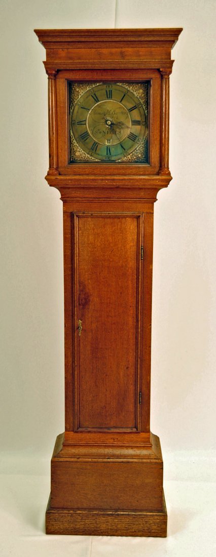 Manister Baxter, St. Neots, Long Case Oak Clock: Manister and Baxter, St. Neots, England Long case oak clock, Circa 1725. Brass dial with black numbers. Strike and time, parts: two weights, brass pendulum. Works could be old replacement.73" H. X 19.