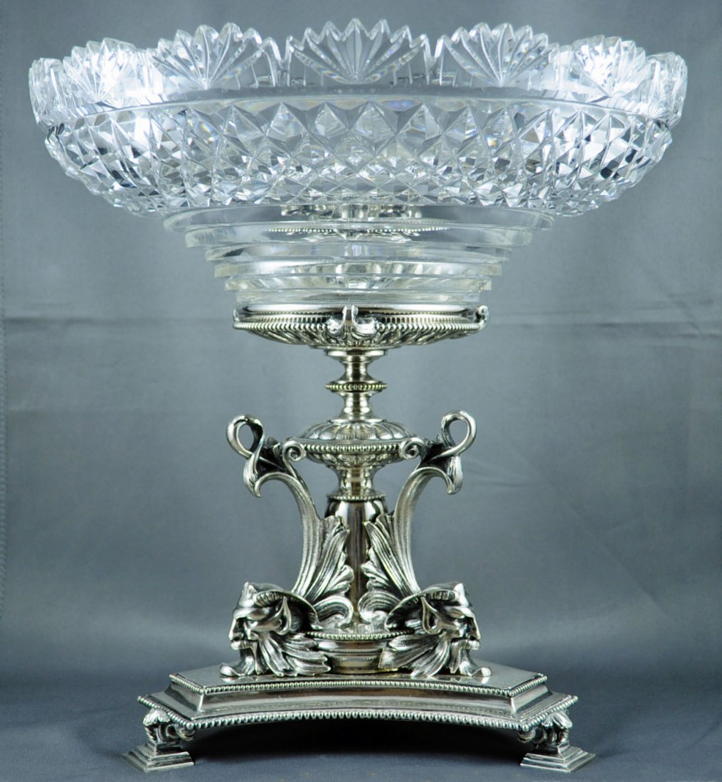 Thomas Bradbury & Sons Silver Plate Epergne 1863: Thomas Bradbury & Sons Silver Plate Epergne with Cut Rock Crystal Bowl Circa 1863. The exceptionally heavy base is supported by three horned mask supports and has beaded edges. The underside of the ba
