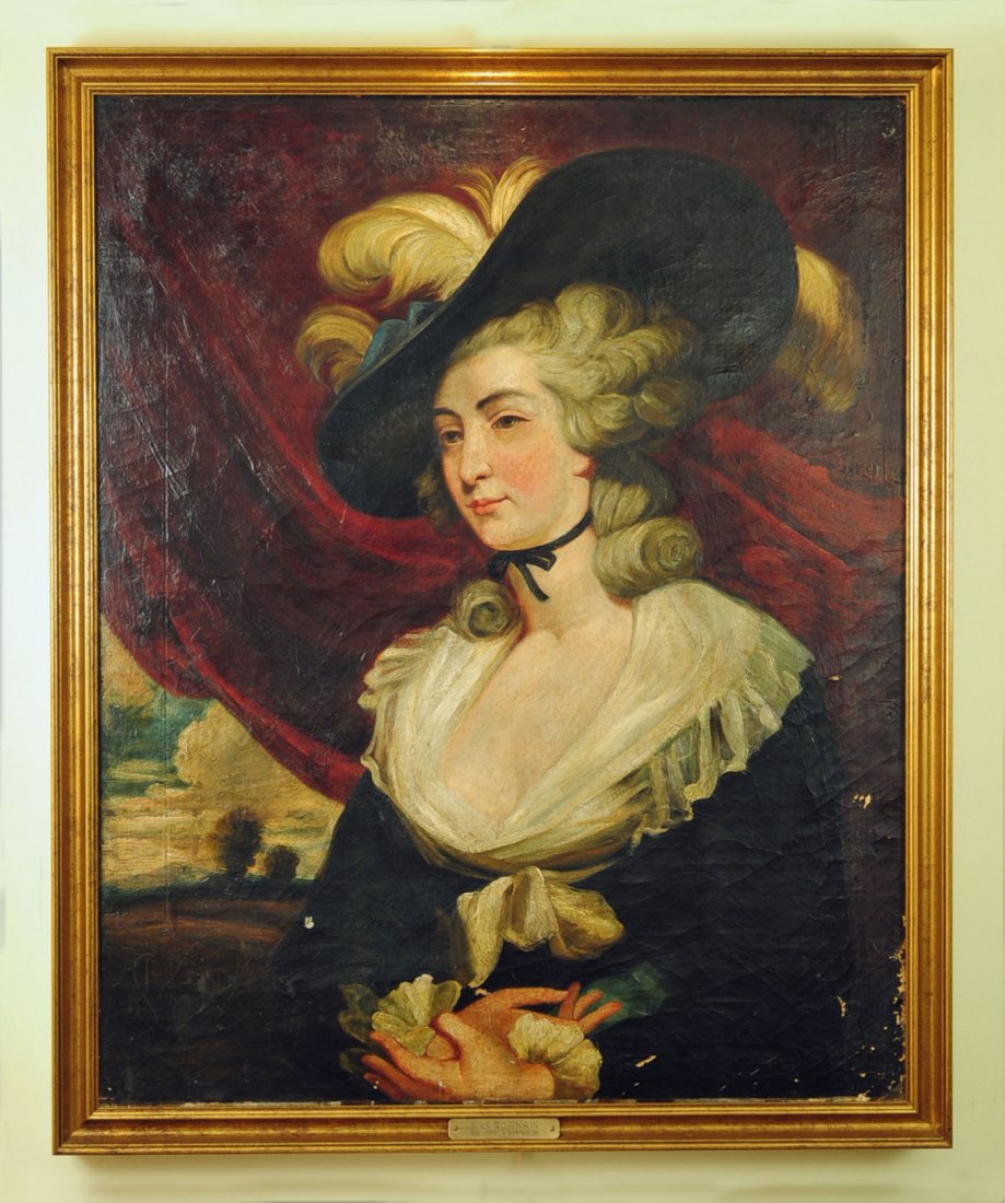 After Sir Joshua Reynolds "Mrs. Robinson" C. 1782: After Sir Joshua Reynolds "Mrs. Robinson" C. 1782, Oil on Canvas Painting in Labeled Antique Style Gold Frame. 30" X 37".
