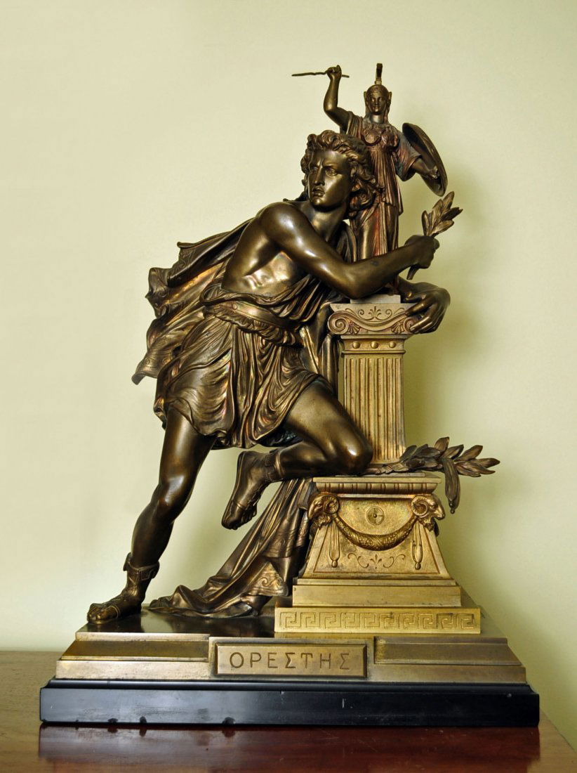 Eugene Laurent(1832-98) Bronze Orestes At Alter: Eugene Laurent (1832-1898), France; Gilt Bronze Statue, Orestes At The Alter of Minerva. Numbered #9532, with embossed foundry mark "AB Paris" with dog. Statue has black slate base. Dimensions 22" Hig