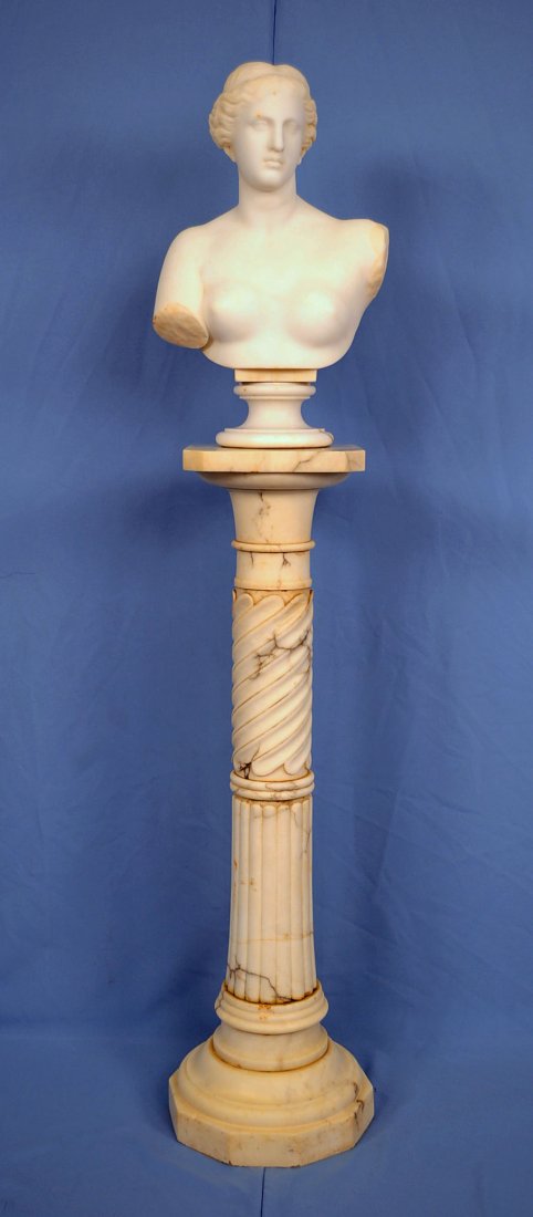 19th C. Marble Sculpture of Venus with Pedestal: 19th Century Marble Sculpture of Venus with Marble Pedestal. Bust and stand 20" X 12.5" and Pedestal 40" H. X 10" sq. .