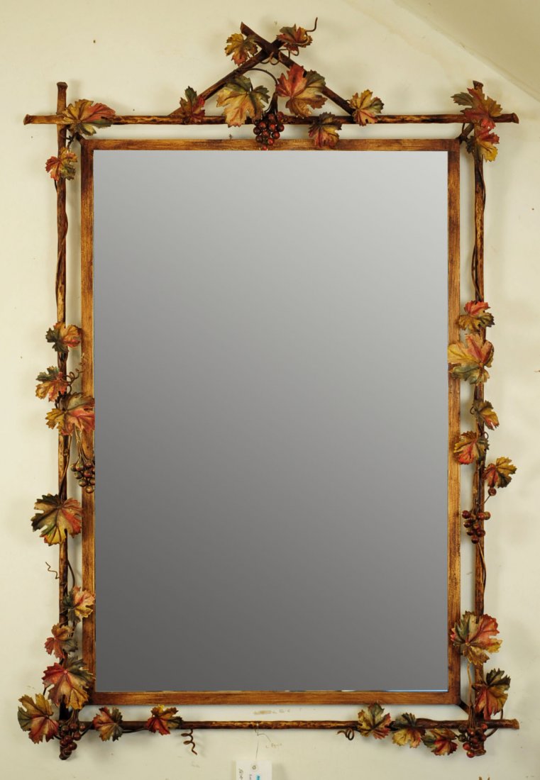 Hand Wrought Metal Grape & Vine Beveled Mirror: Hand Wrought Metal Grape & Vine Beveled Mirror. 31"W X 48" H
