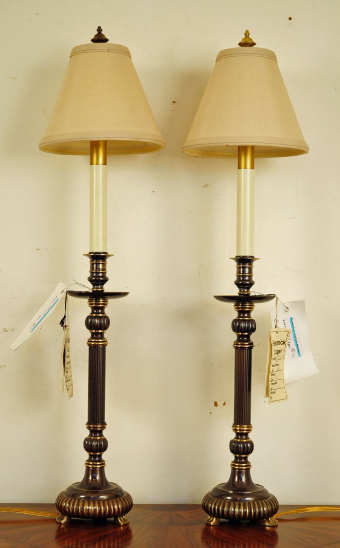 2 Frederick Cooper Bronze Finish Candlestick Lamps: Pair of Frederick Cooper Bronze Finish Candlestick Lamps with Cloth Shades. 28" O/A