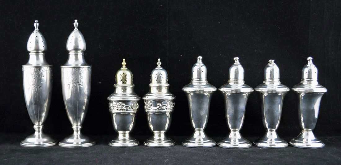Four Sets Sterling Silver Salt & Pepper Shakers: Four Sets of Sterling Silver Salt and Pepper Shakers. Reed and Barton 6.5" H. and three sets including one Gorham 4.5" H.