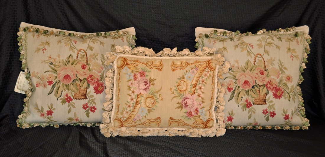Three Aubusson Style Down Filled Pillows: Three Aubusson Style Down Filled Pillows with Tassels. One Pair 17" X 18" and one single 12" X 17"