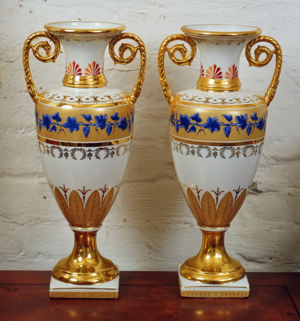 Pair of Chelsea House Grecian Vases w/ Handles: Two Porcelain Chelsea House Grecian style Vases Gold & White w/Handles. 16" H x 7.5" W, "NOT AN ANTIQUE"