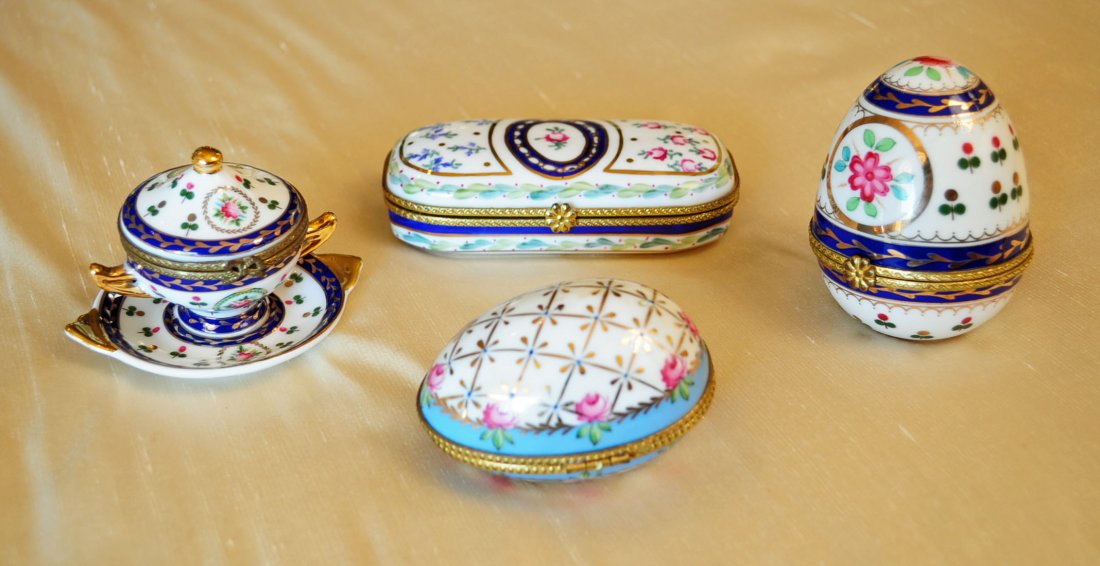 Four Miniature Porcelain Boxes, Eggs Etc.: Four Miniature Porcelain Boxes, Eggs, Casket and Miniature Tureen with Tray. Pieces measure from 4" Long to 2" dia. "NOT AN ANTIQUE"