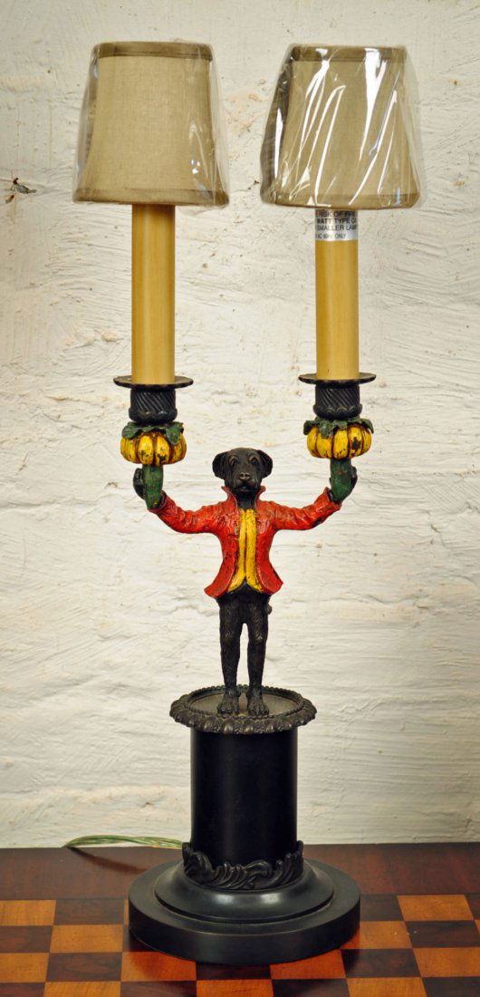 As-You-Like-It Two Light Dog Lamp: As-You-Like-It Two Light Dog Lamp with Cloth Shades. 21.5" H. X 8" W. "NOT AN ANTIQUE"