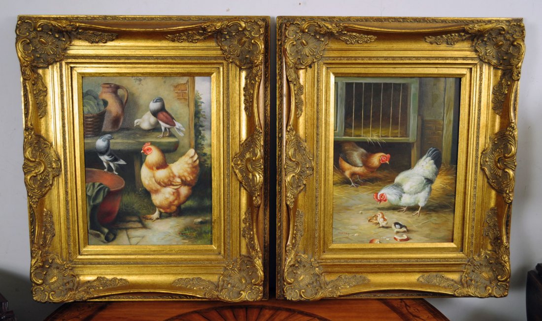 Pair of Oil on Canvas Chicken Paintings: Pair of Oil on Canvas Chicken Paintings in Antique Style Gold Frames. Canvas Measures 12" X 16" Frame measures 22" X 26" "NOT AN ANTIQUE"