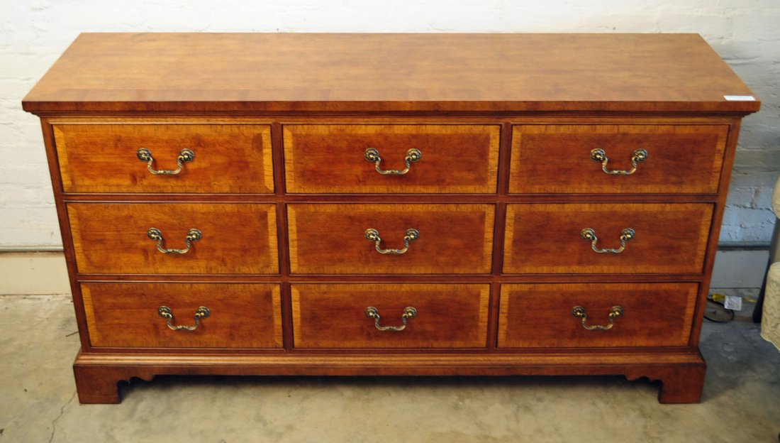 Henredon Aston Court Mahogany Triple Dresser: Henredon Aston Court Banded Mahogany Triple Dresser. 35.5" H. X 68" W. X 20" D. "NOT AN ANTIQUE"