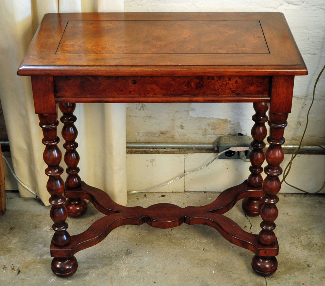 Jacobean Style Mahogany & Yew Wood End Table: Jacobean Style Mahogany & Yew Wood End Table. 24.5" H. X 25.5" L. X 14.5" D. "NOT AN ANTIQUE"