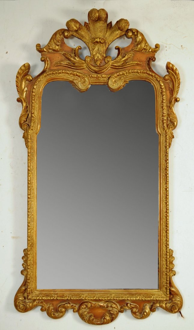 Spanish Gilt Wood George III Style Mirror: Spanish Hand Carved Lime Wood Partial Gilt Mirror in George III Style, Last half of 20th Century. 26.5" X 50". "NOT AN ANTIQUE"