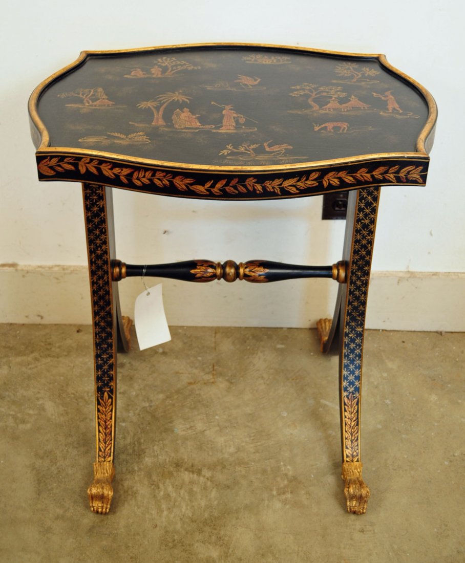 Chinoiserie Black and Gold Claw Foot End Table: Chinoiserie Black and Gold Claw Foot End Table. Table measures 26" H. X 24" W. X 19" D. "NOT AN ANTIQUE"