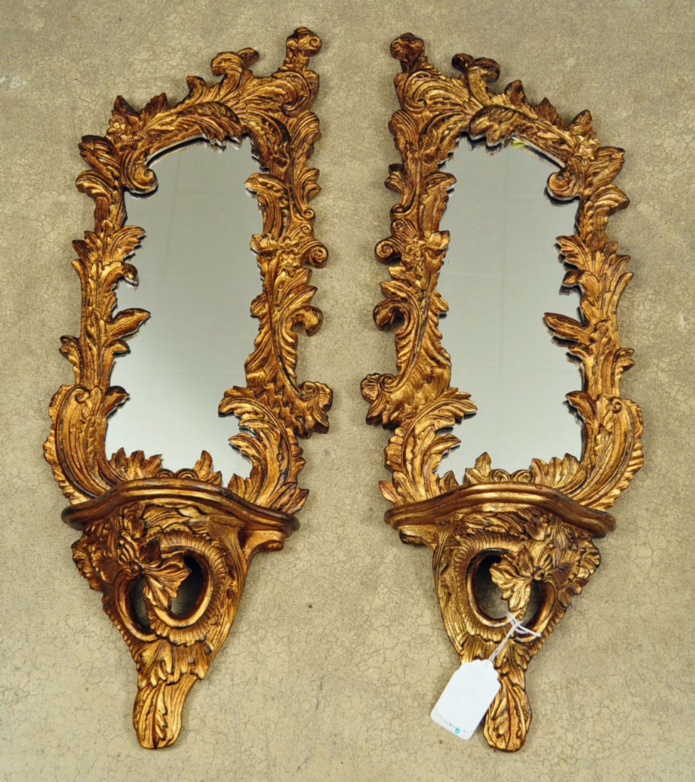 Pair of Antique Style Mirrored Gold Leaf Wall Brackets: Pair of Antique Style Mirrored Gold Leaf Wall Brackets. 31.5" X 10.5". "NOT AN ANTIQUE"