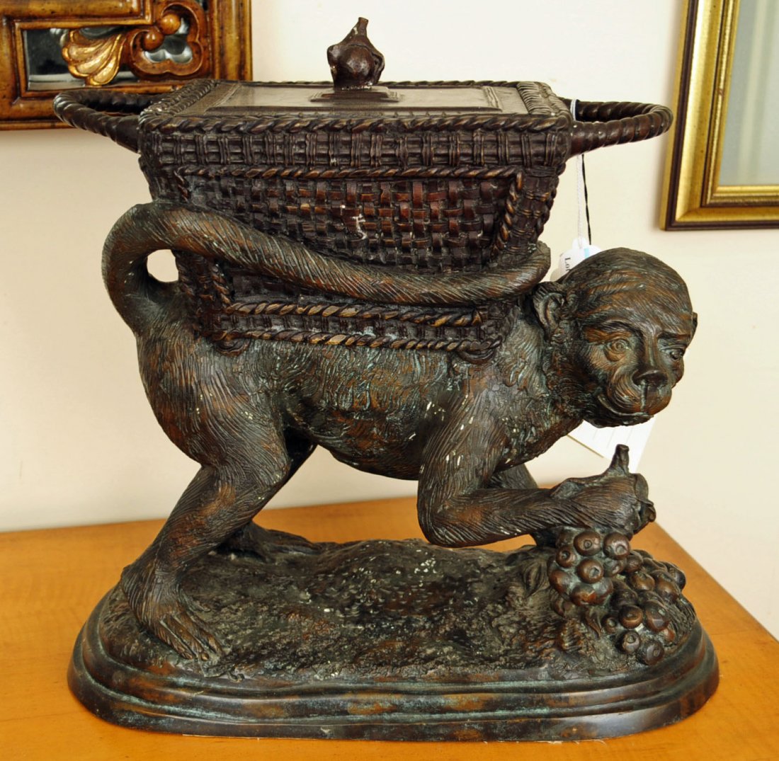 Maitland Smith, Bronze Monkey With Lidded Basket: Maitland Smith, Bronze Monkey With Lidded Basket. Lost wax process cast bronze statue of monkey with basket container on back. Statue measures 14.5" H. on 14.5" X 7.5" oval base. "NOT AN ANTIQUE"