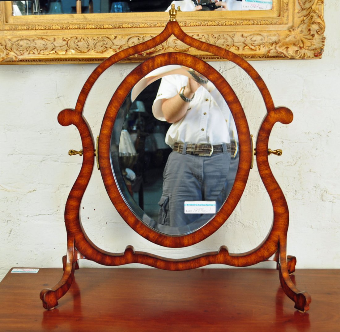Maitland-Smith Empire Style Dressing Mirror: Maitland-Smith Empire Style Mahogany Swinging Dressing Mirror with Beveled Edge. 25" H. X 22" W. X 9" D. "NOT AN ANTIQUE"