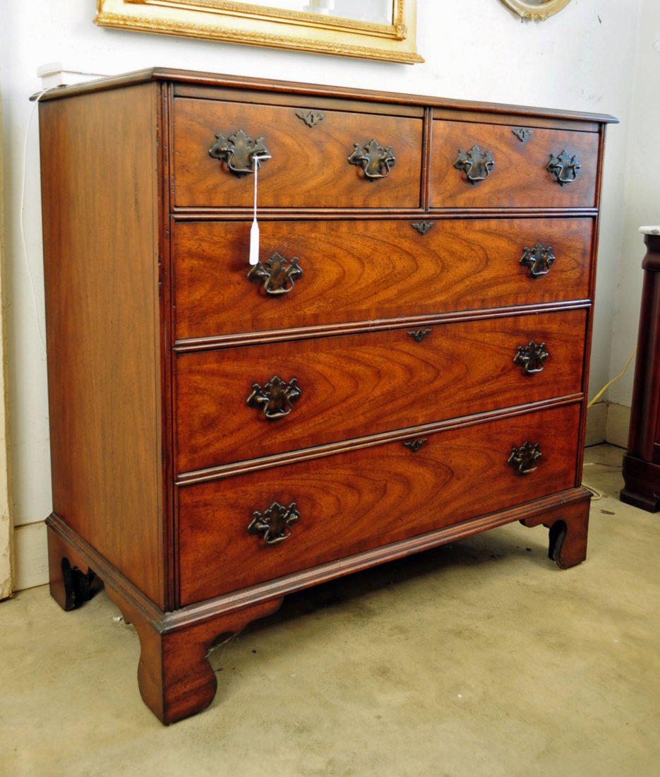 Maitland Smith 5 Drawer Mahogany Chippendale Chest: Maitland Smith Five Drawer Banded Mahogany Chippendale Chest. 42" H X 45"W X 22" D. "NOT AN ANTIQUE"