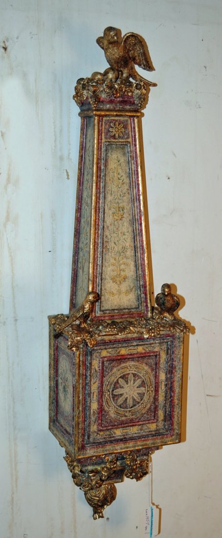 Paint Decorated Red & Gold Wall Bracket w/ Birds: Paint Decorated Red and Gold Wall Bracket with hand Carved Birds. 36" H. X 10" W. "NOT AN ANTIQUE"