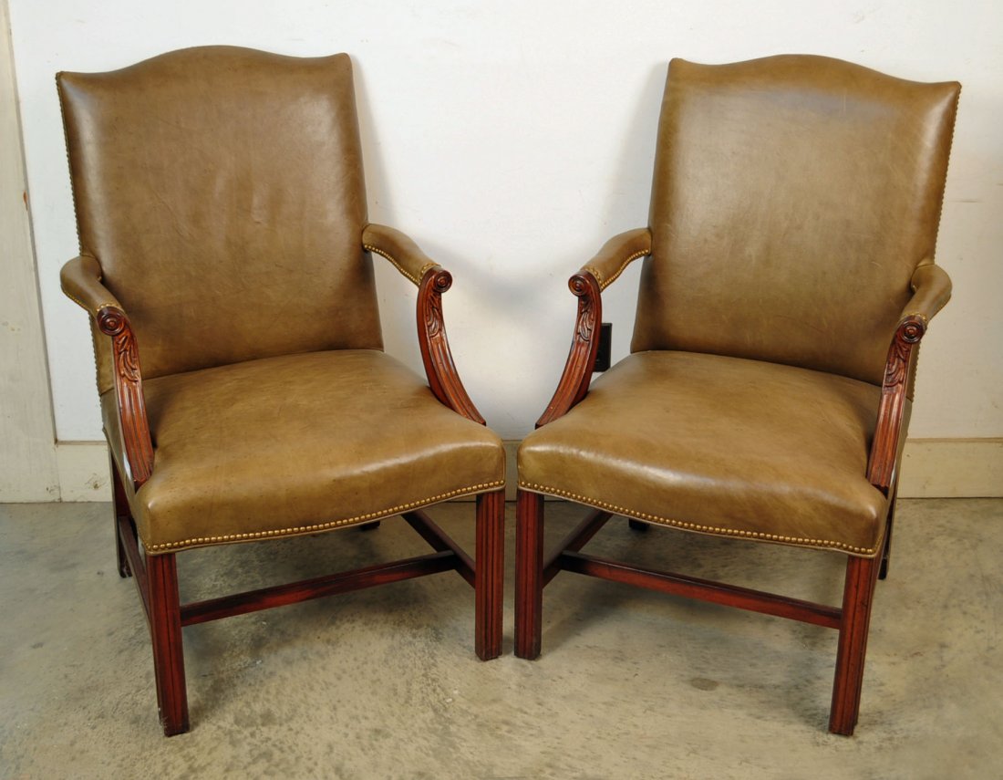 Pair of Green Leather Chippendale Armchairs: Pair of Green Leather Chippendale Armchairs. 41" H. X 25" W. X 29" D. "NOT AN ANTIQUE"