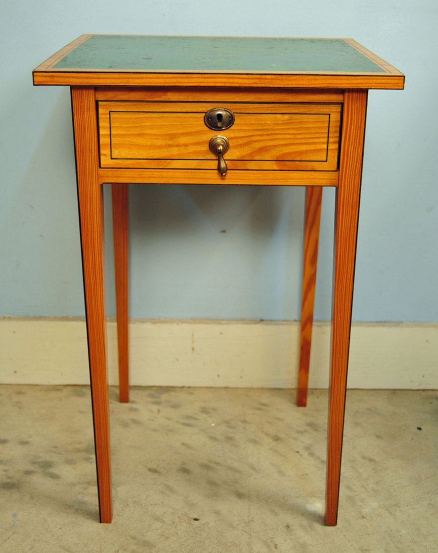 Tiger Maple Lamp Table with Green Leather Top: Tiger Maple Lamp Table with Green Leather Top, Tapered Legs and One Drawer. "NOT AN ANTIQUE"