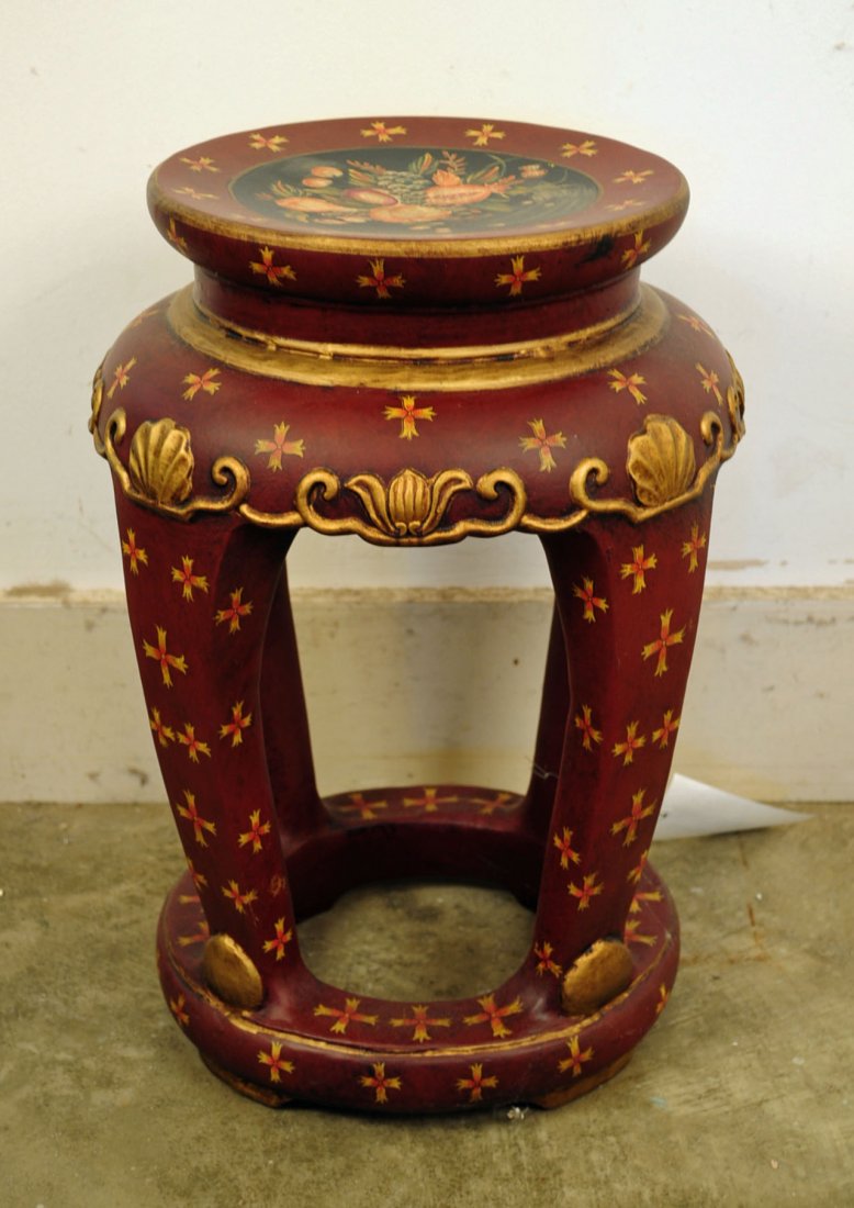 Chinese Style Ceramic Stool, Burgundy and Gold: Chinese Style Ceramic Stool, Burgundy and Gold Decoration with Flowers. 18.5" H. X 12.5" Dia. "NOT AN ANTIQUE"