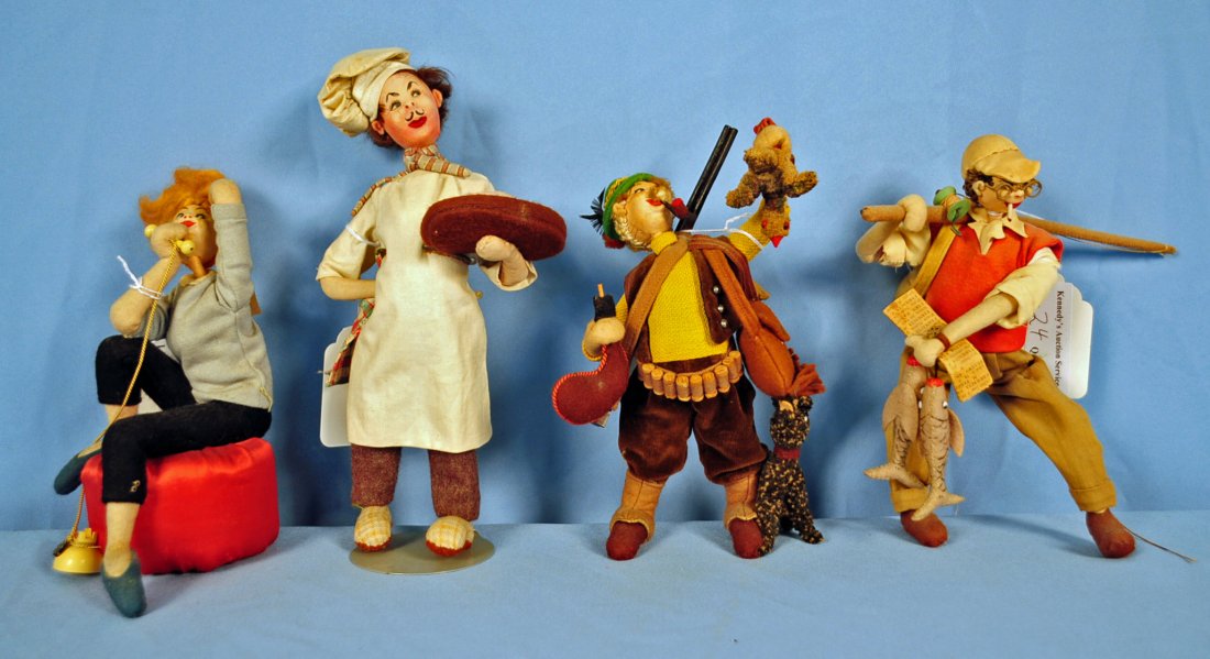 4 Roldan Caricature Dolls: 4 Roldan Caricature Dolls Includes man with rifle, fisherman, lady on phone, and chef. Condition - dolls are lightly soiled.