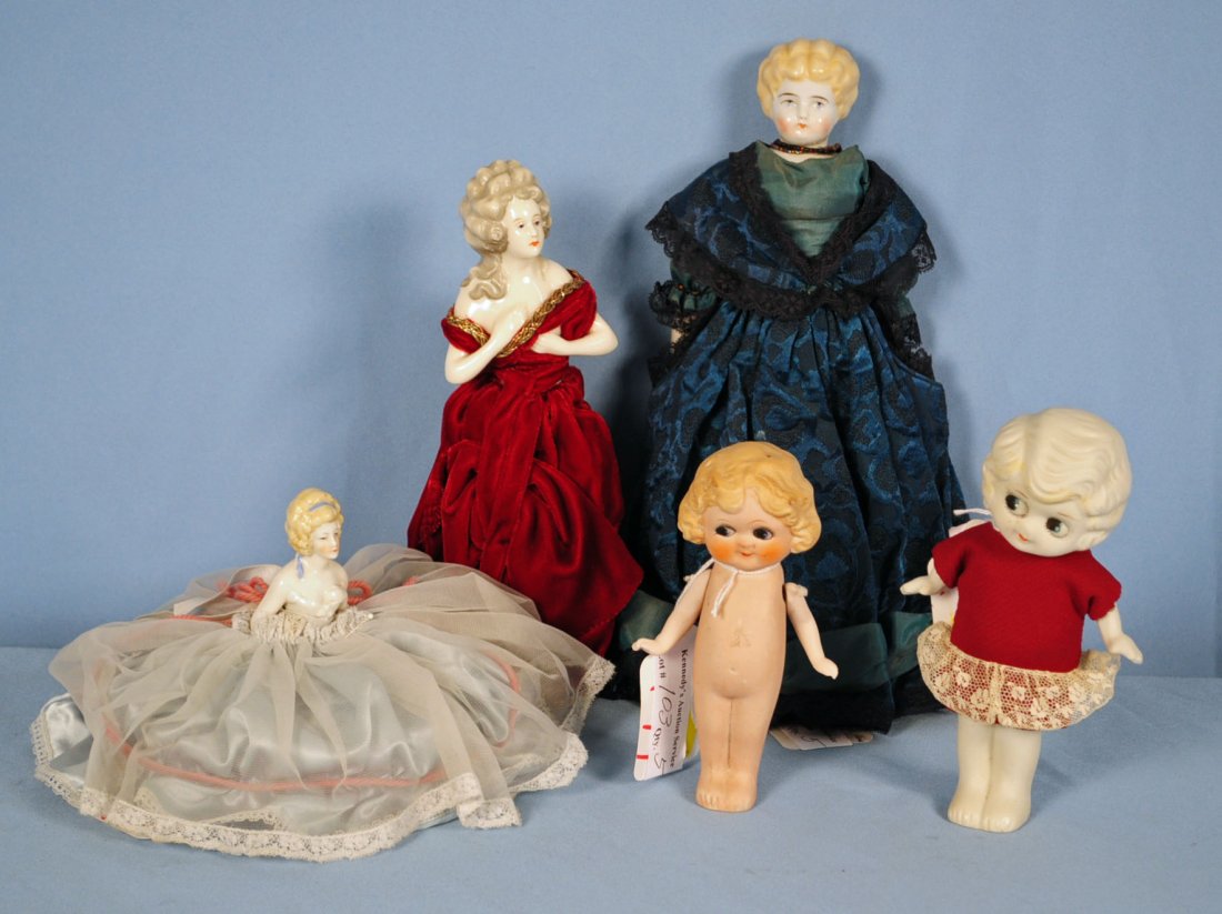 Group of 5 Dolls: Group of 5 Dolls Includes: German CF Co. Kling China head doll, marked "Germany OK" in blue satin and silk dress with blue eyes, blonde hair, and cloth body. 8" and 6" Japan Betty Boop all-bisque doll